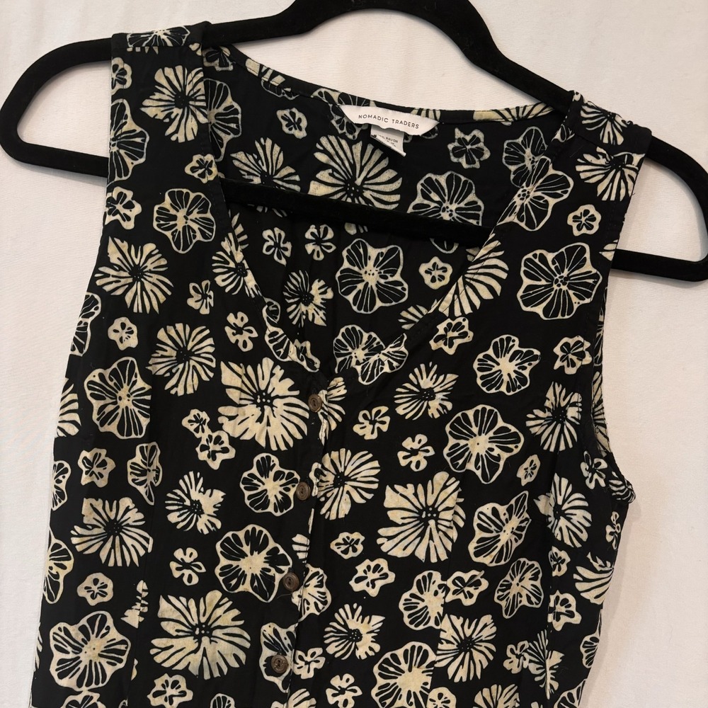 Nomadic Traders XL Black & Tan Print V‎ Neck Boho Dress Travel Cruise Date Night